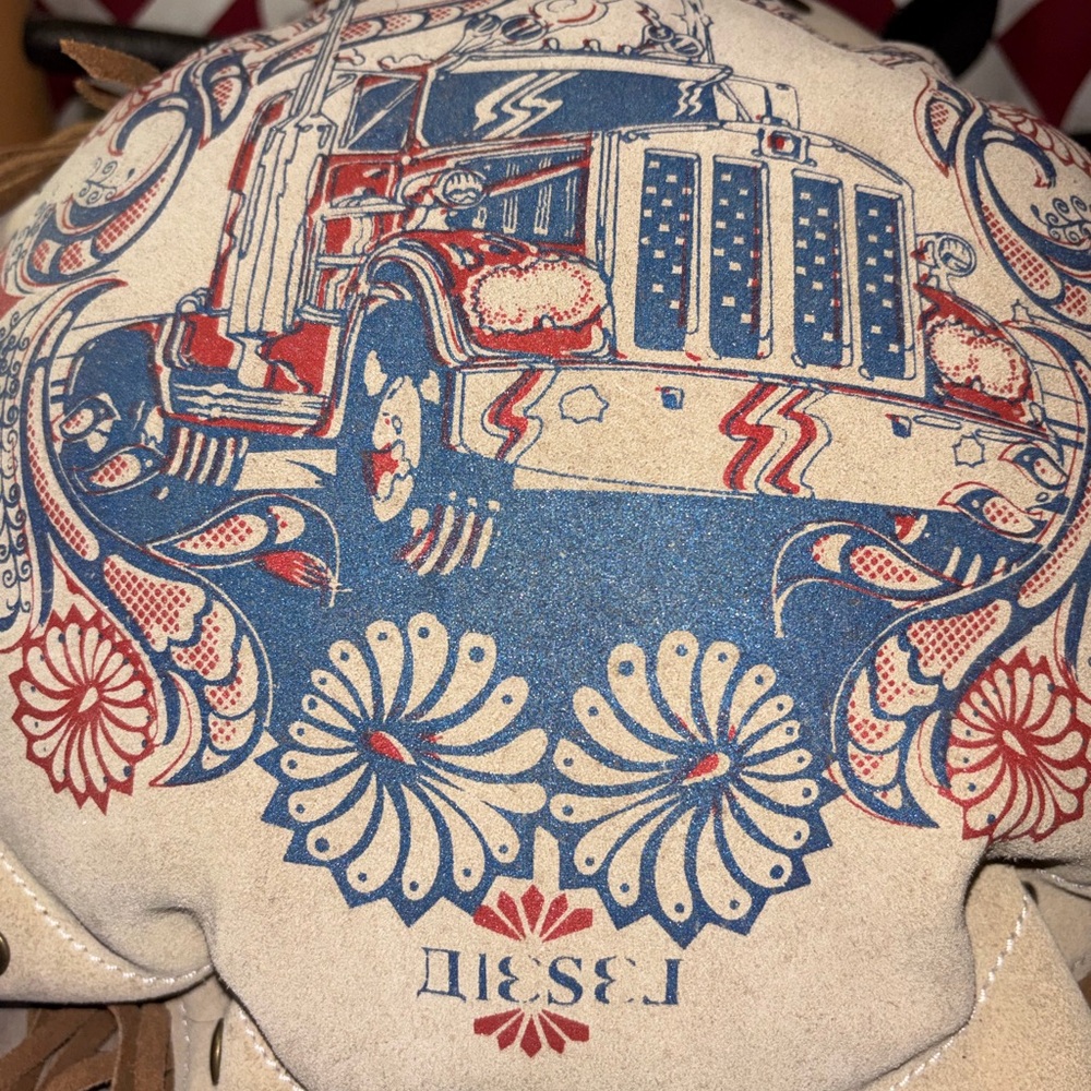 Suede Leather Vintage Trans-Siberian Truck Graphic Fringed Cushion or Pillow
